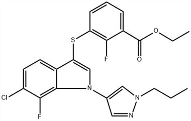 benzoskābe, 3-[[6-hloro-7-fluor-1-(1-propil-1H-pirazol-4-il){ {8}}H-indol-3-il]tio]-2-fluor-etilesteris (ACI) CAS Nr.: 1782070-73-8
